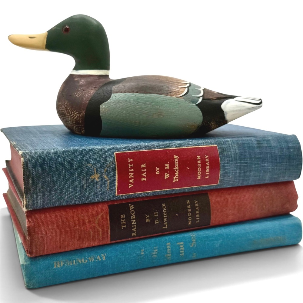 Mallard Drake Duck Decoy Hand Carved Wood Vintage Folk Art Glass Eyes 6.5"